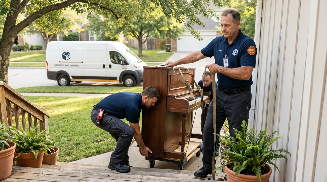 Licensed piano movers securing grand piano in Margate City, NJ