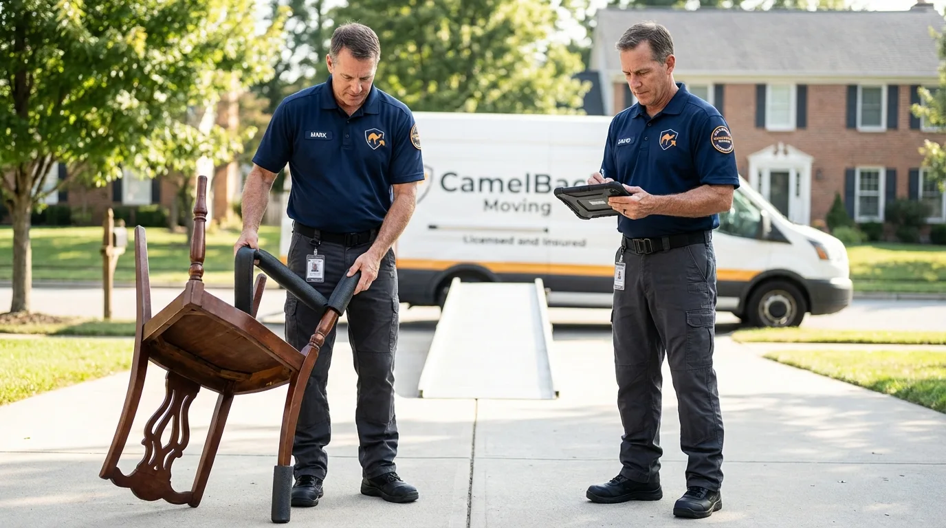 Movers inspecting furniture for damage prevention before loading in Margate City, NJ