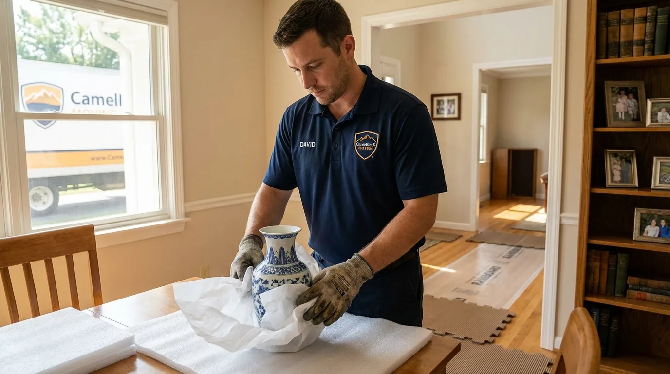 Professional crew carefully wrapping antique vase for senior downsizing move in Margate City, NJ